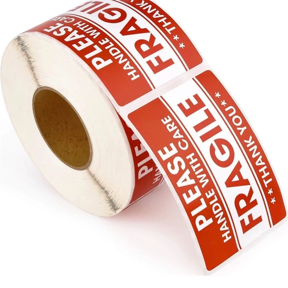 Red Fragile Handle with Care labels (30 stickers)